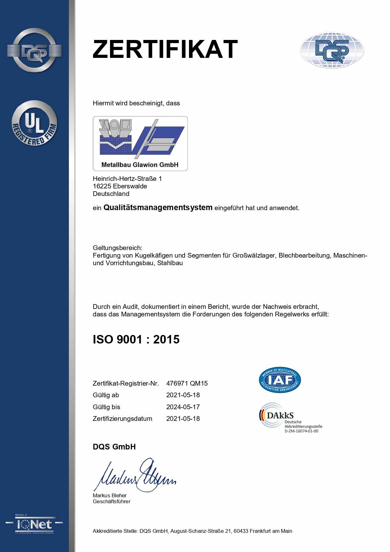 Metallbau Glawion GmbH 476971 QM15 2021-05-18 deutsch ISO 9001
